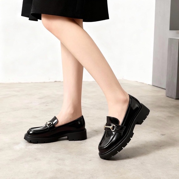 PU Leather Black Chunky Loafers - Picture 2 of 6